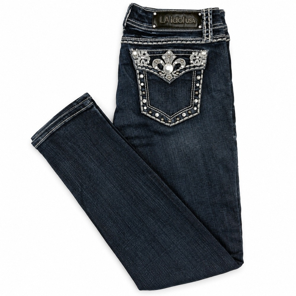 Y2K L.A. Idol USA Jeans Size 11 W33 L31.5 Rhinestone Fleur De Lis Bling Denim